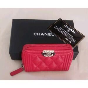 Authentic CHANEL Boy Caviar Zip Around Color Pink Coin Purse Card Case